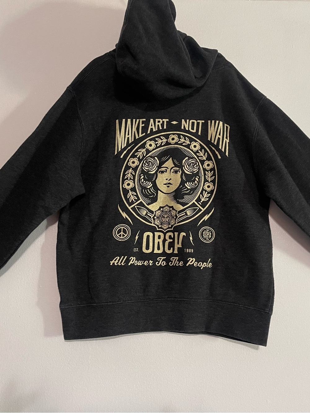 Obey Black Crewneck Hoodie with Small Gold Chest Logo